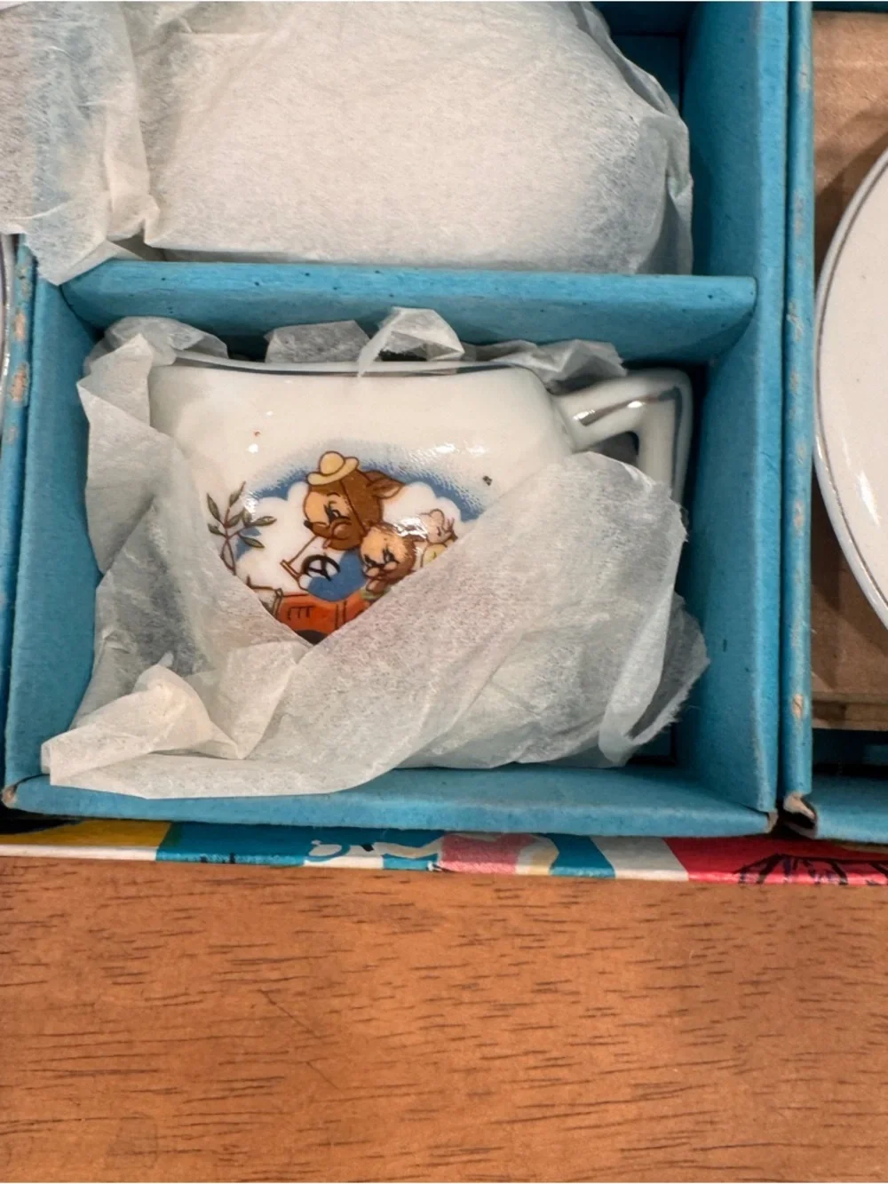 Vintage Children’s Ceramic Tea Set Bunny In A Racecar 13 Piece 1940s New Chip